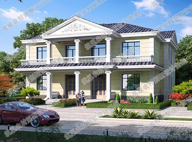 二層雙拼別墅全套CAD設計施工效果圖，外觀對稱美觀，適合農村兩兄弟建造