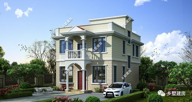 這棟平屋頂簡約田園風別墅設計圖，多臥室，多套房，還帶大院子