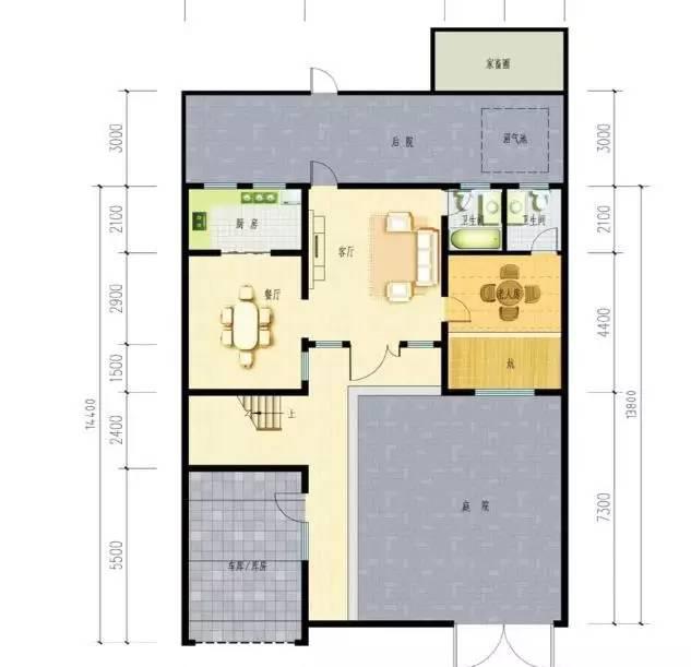 二層農村別墅設計圖，帶有車庫，內設有小庭院，造價20萬。