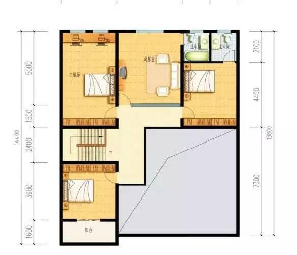 二層農村別墅設計圖，帶有車庫，內設有小庭院，造價20萬。