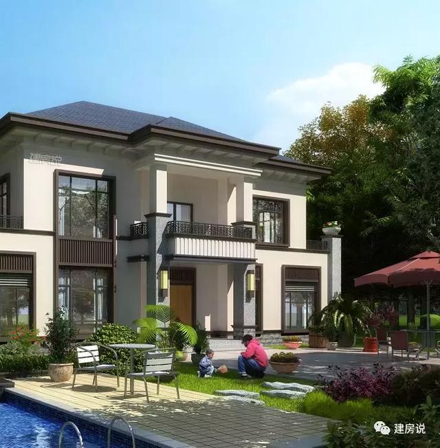 二層新中式花園泳池別墅設計圖，造型恢宏大氣，建房發愁的朋友進來看。