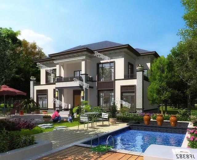 二層新中式花園泳池別墅設計圖，造型恢宏大氣，建房發愁的朋友進來看。