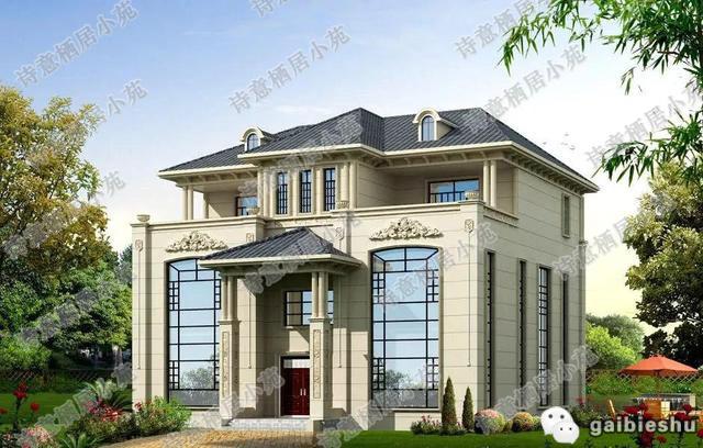 16×16米帶挑空客廳豪華三層農村別墅設計效果圖，造價65萬，框架結構