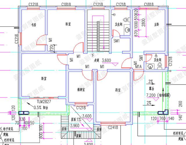 30萬以內二層自建房全套CAD施工圖，14×11米6臥帶車庫