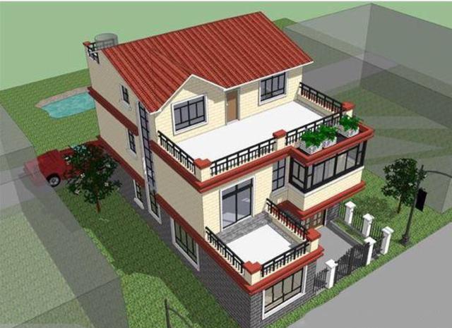 二層半結構的農村小別墅設計圖，帶小院，非常大方。