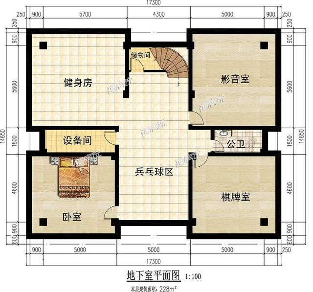 大面寬的三層中式別墅設計圖，占地方正，左右對稱，帶地下室。
