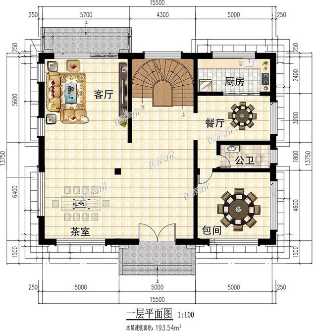 大面寬的三層中式別墅設計圖，占地方正，左右對稱，帶地下室。