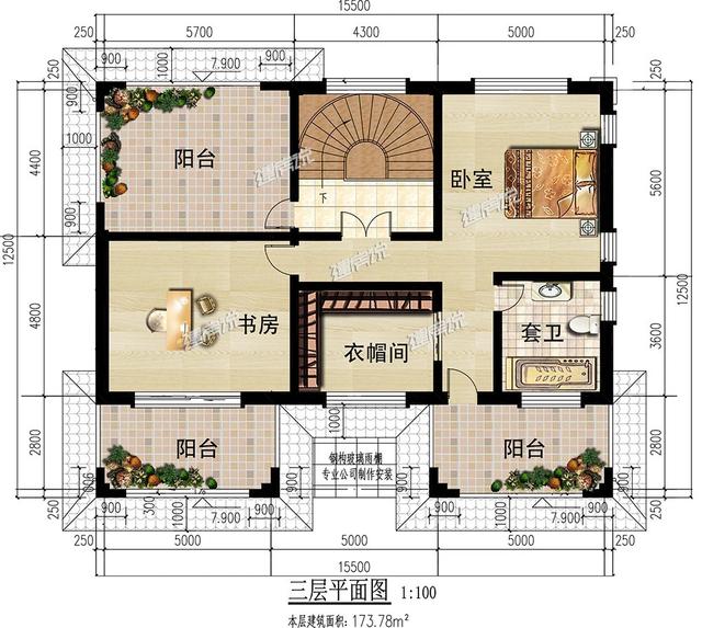 大面寬的三層中式別墅設計圖，占地方正，左右對稱，帶地下室。