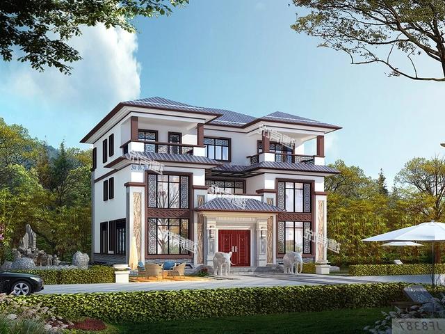 大面寬的三層中式別墅設計圖，占地方正，左右對稱，帶地下室。