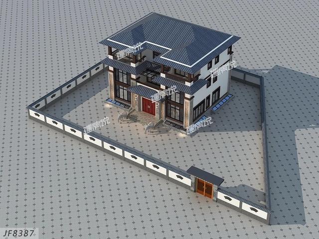 大面寬的三層中式別墅設計圖，占地方正，左右對稱，帶地下室。