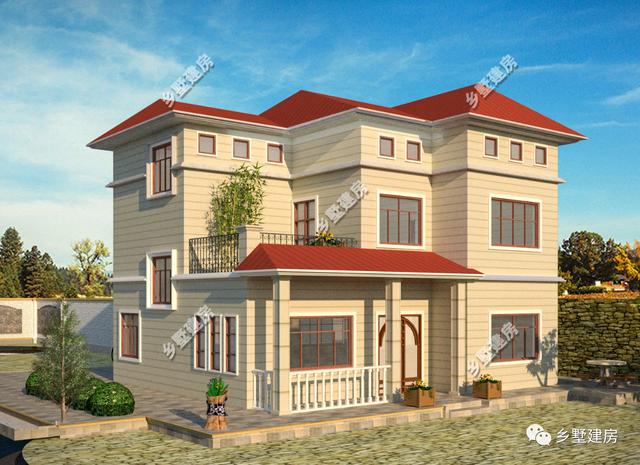 三層現(xiàn)代田園風(fēng)別墅設(shè)計圖，帶大露臺+老虎窗，造價40萬左右。