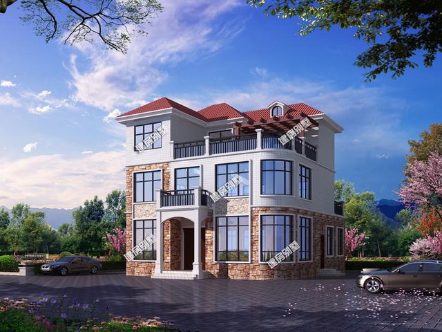 11.76mx9.76m三層別墅設計圖，帶客廳挑空+旋轉樓梯+獨立廚房設計，是一款不錯的鄉村三層房型。