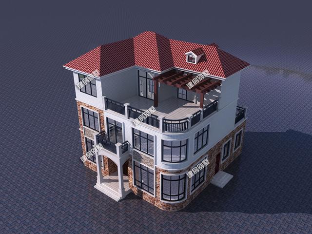 11.76mx9.76m三層別墅設計圖，帶客廳挑空+旋轉樓梯+獨立廚房設計，是一款不錯的鄉村三層房型。