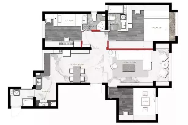 138平三居室用黑白灰風格裝修，簡潔大方，好帥氣。