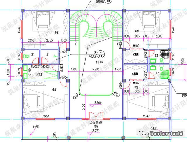 19×16米中式二層四合院別墅設計圖，挑空大客廳+旋轉樓梯，功能齊全，造價65萬。