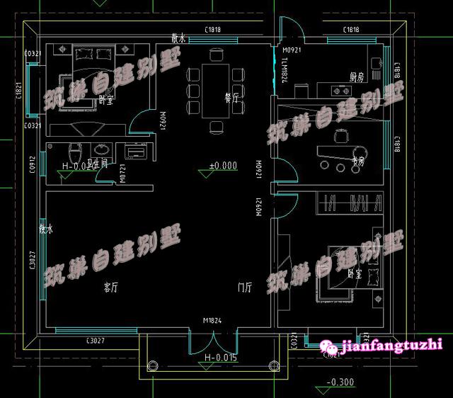 占地約為150平方米的一層歐式別墅設(shè)計圖，簡單復(fù)古，水電圖齊全。