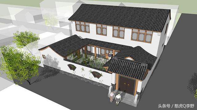 16x15米二層新中式三合院別墅設(shè)計(jì)圖，造價(jià)38萬(wàn)元。