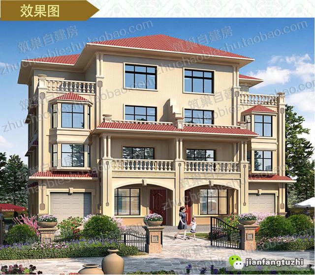 四層實用商住兩用臨街商鋪雙拼別墅施工效果圖，適合農(nóng)村兩兄弟建造