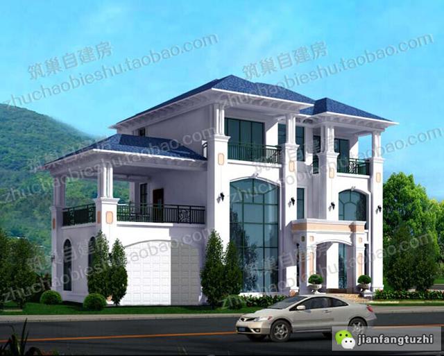 分享一款三層別墅設(shè)計圖，帶落地窗+獨立車庫+涼亭