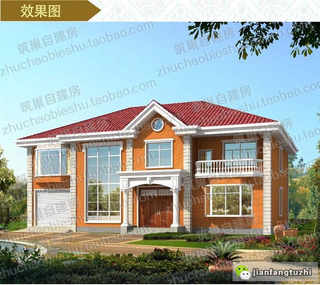 復式二層帶車庫+落地窗農村獨棟別墅全套施工效果圖，12X14米，造價32萬左右