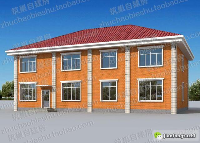 復式二層帶車庫+落地窗農村獨棟別墅全套施工效果圖，12X14米，造價32萬左右