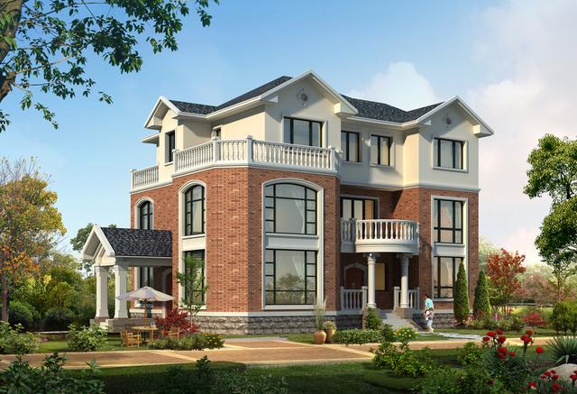 三層獨棟別墅設計圖，外觀造型古樸大方，經濟實用