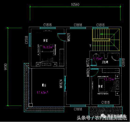 10.56米x10.3米農村三層別墅設計圖，經濟適用，布局簡單合理，造價26萬。