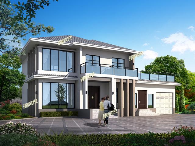 占地面積215的二層別墅設(shè)計(jì)圖，帶挑空客廳+車庫，外型簡(jiǎn)單不復(fù)雜，溫馨舒適。