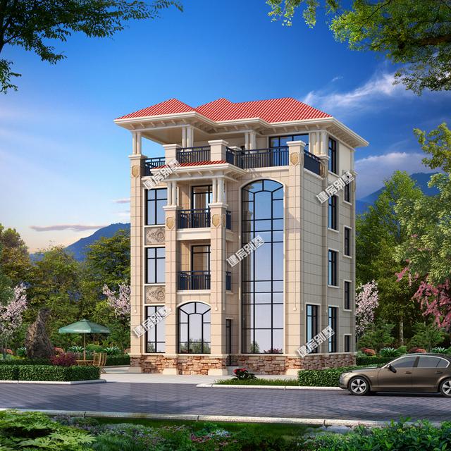 四層別墅設(shè)計(jì)圖，大型落地窗搭配超大露臺(tái)涼亭！外觀看上去相當(dāng)豪氣！