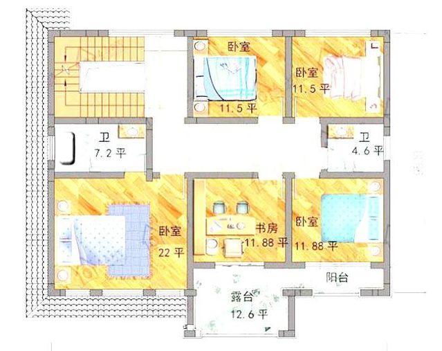 120平米的二層別墅設計圖，六室三廳帶閣樓很實用