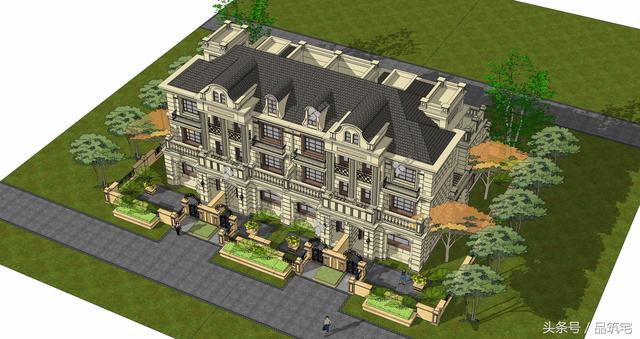 四聯排法式別墅設計圖，花園+庭院，整體造型大氣恢弘