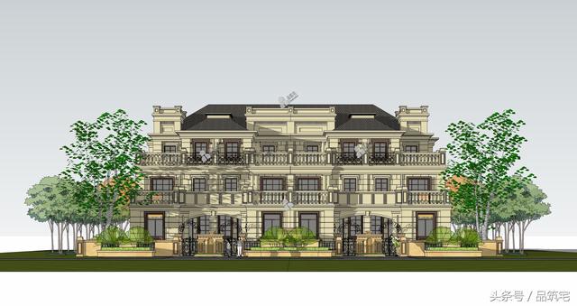 四聯排法式別墅設計圖，花園+庭院，整體造型大氣恢弘