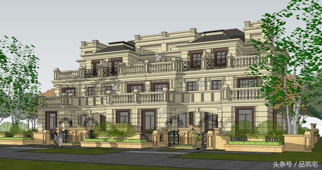 四聯排法式別墅設計圖，花園+庭院，整體造型大氣恢弘