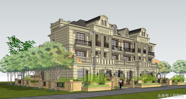 四聯排法式別墅設計圖，花園+庭院，整體造型大氣恢弘