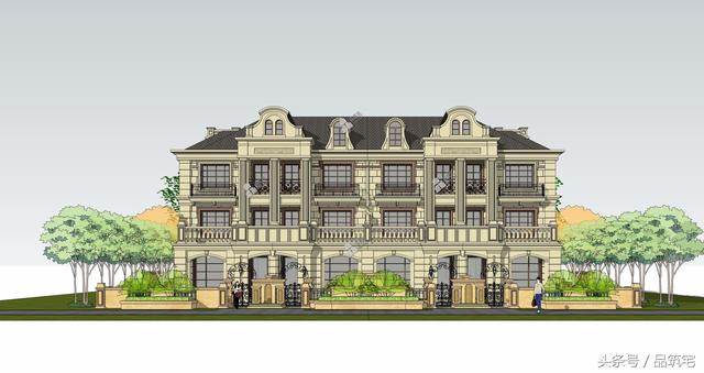 四聯排法式別墅設計圖，花園+庭院，整體造型大氣恢弘