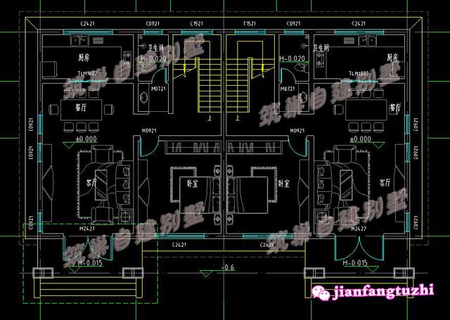 二層雙拼別墅設計高清效果圖全套施工圖紙，四間臥室，帶露臺和陽臺