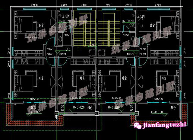 二層雙拼別墅設計高清效果圖全套施工圖紙，四間臥室，帶露臺和陽臺