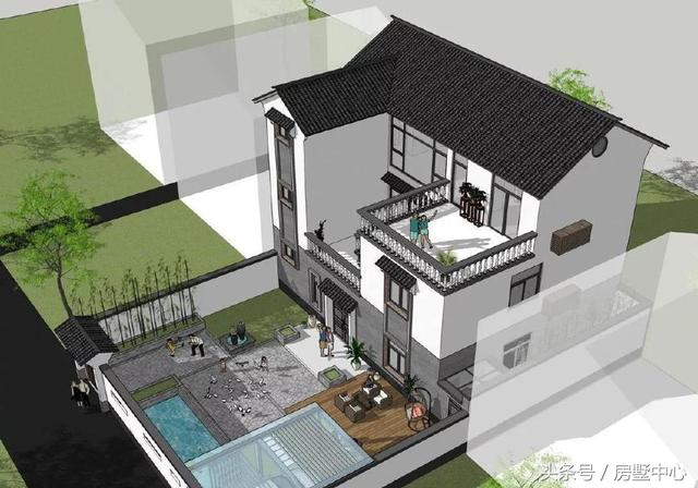 三層中式園林風格別墅設計圖，涼亭池塘應有盡有，一家人其樂融融