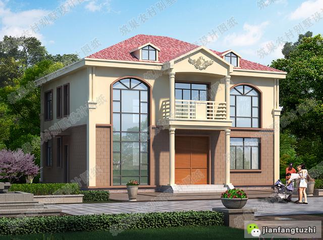 復式二層帶落地窗別致優雅農村別墅設計施工圖，25萬左右，12×11米，3廳5臥