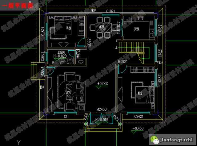復式二層帶落地窗別致優雅農村別墅設計施工圖，25萬左右，12×11米，3廳5臥
