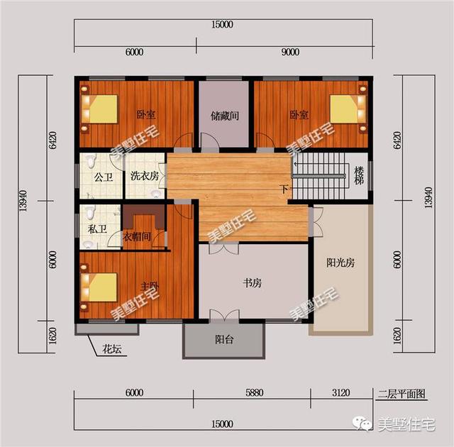 農(nóng)村二層別墅設(shè)計圖，4室2廳+娛樂室+陽光房，布局好，居住舒適