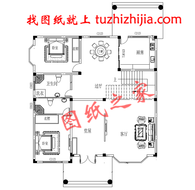 農村二層半小別墅設計圖紙，客廳中空，圖紙為一戶的戶型