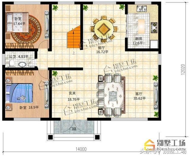 二層簡歐農村別墅設計圖，挑高復式客廳，配色簡單，整體方正大方