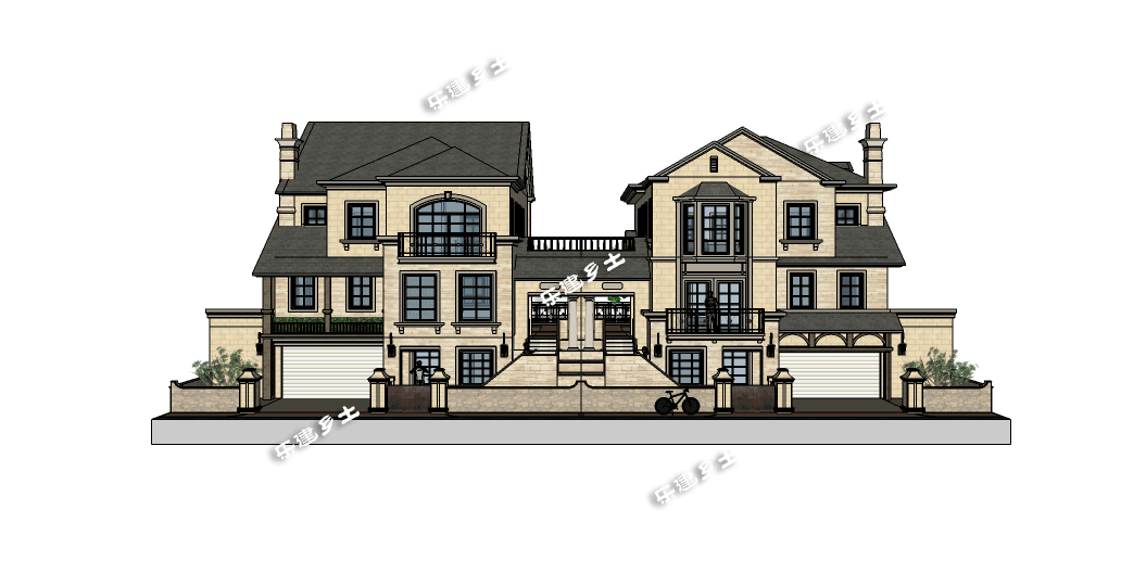 豪華法式雙拼別墅設計圖，帶車庫，適合家境殷實或者家庭成員較多的家庭參考建造
