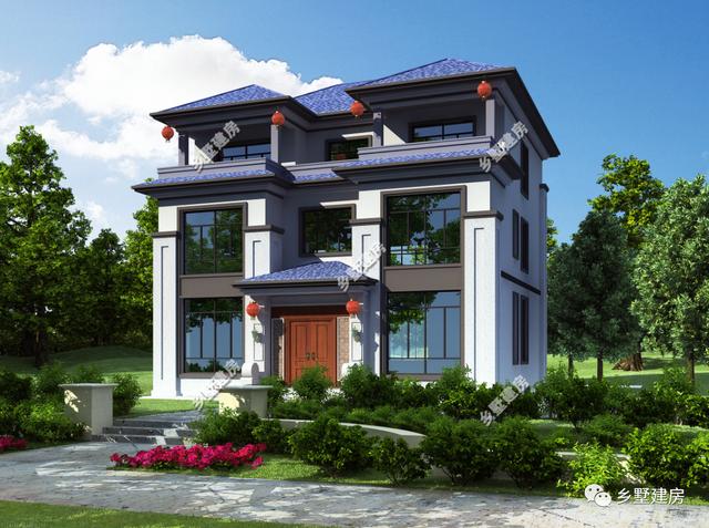 占地166平的三層新中式農(nóng)村別墅設(shè)計圖，堂屋涼亭，造價55萬左右