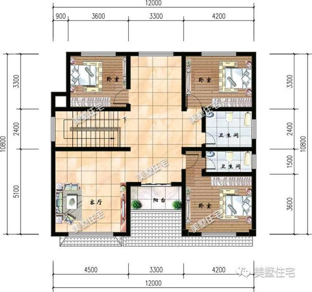 12米X10米小巧雙層磚混簡歐小別墅設計圖，5臥3衛，別致大方，實用！