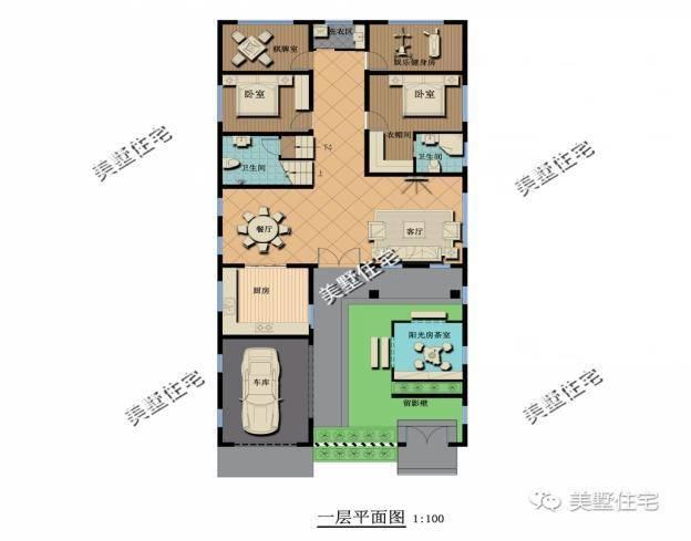 小宅基地中式合院設(shè)計(jì)圖，10x21小別墅，4室1廳帶車庫。