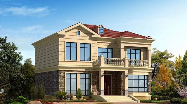 美式簡約風二層農村別墅設計圖，12X10.8米，落地采光窗+坡屋頂