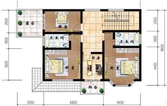 帶閣樓的二層自建房設計圖，占地103平米，四室三廳帶獨立廚房