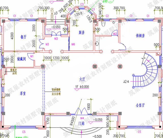 四層農村別墅設計圖，框架結構，帶挑空客廳+落地窗+旋轉樓梯